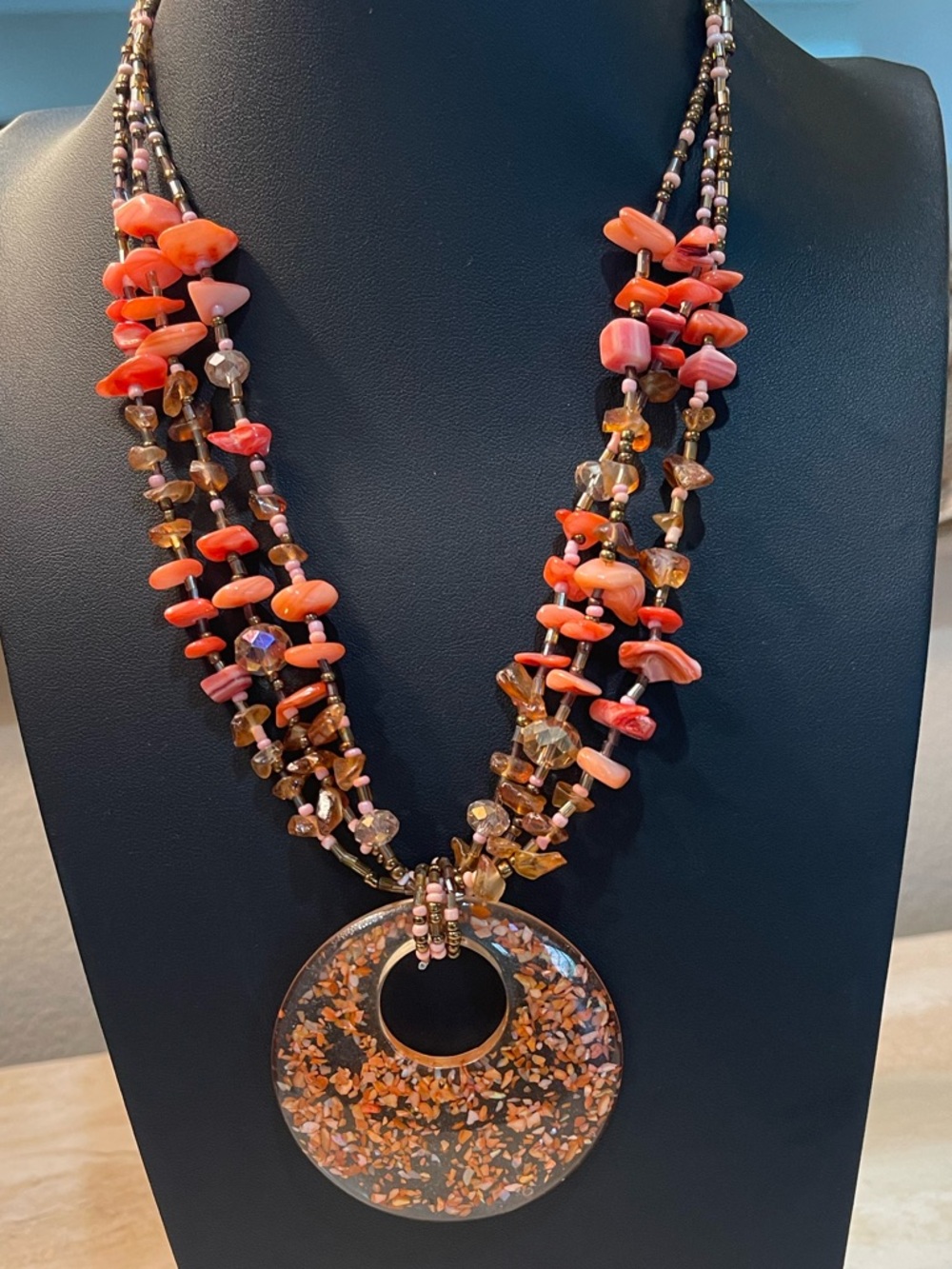 Charming Charlie Boho Orange Coral Chip & Resin Pendant Necklace